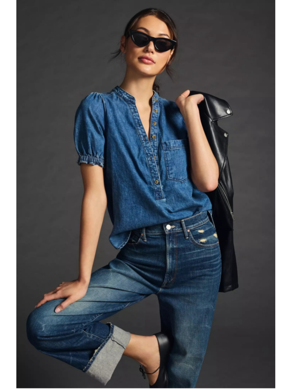 Anthropolgie Aly Denim Puff-Sleeve Blouse Women's Size XL Pilcro White Stitch - Picture 2 of 12